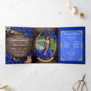 Rustic Charro Royal Blue Roses Country Quinceañera Tri-Fold