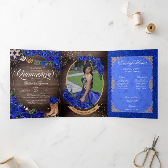 Rustic Charro Royal Blue Roses Country Quinceañera Tri-Fold