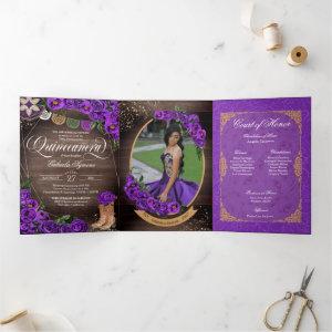 Rustic Charro Royal Purple Roses Quinceañera Tri-Fold
