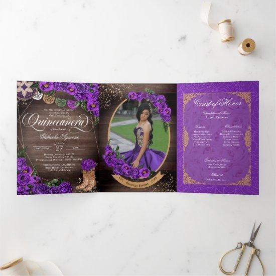 Rustic Charro Royal Purple Roses Quinceañera Tri-Fold