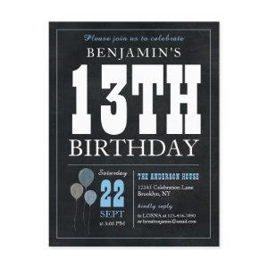Rustic Chic Chalkboard Blue Balloon 13th Birthday  Postcard