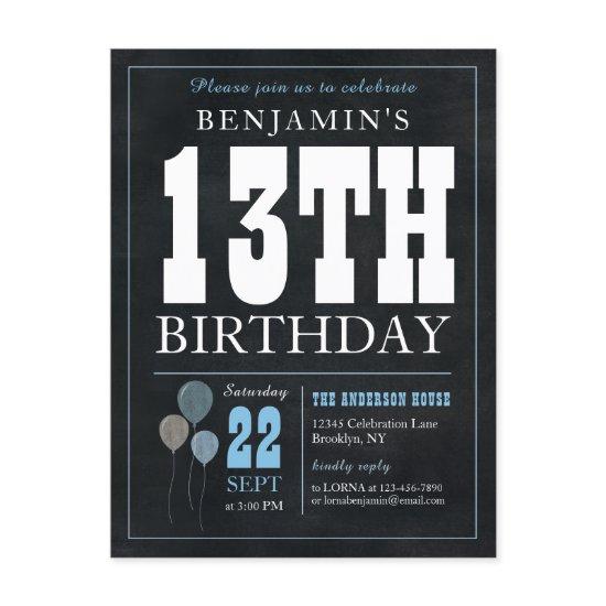 Rustic Chic Chalkboard Blue Balloon 13th Birthday  Postcard