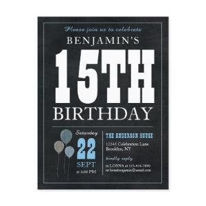 Rustic Chic Chalkboard Blue Balloon 15th Birthday  Postcard