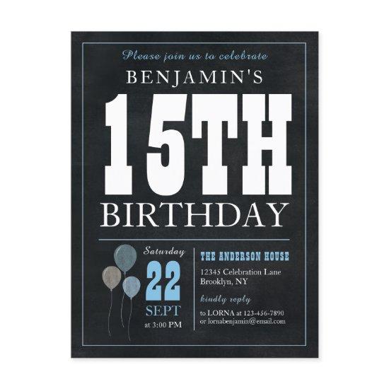 Rustic Chic Chalkboard Blue Balloon 15th Birthday  Postcard