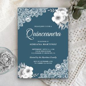 Rustic Country Dusty Blue Floral Lace Quinceanera
