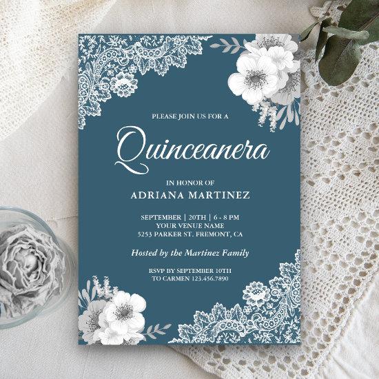 Rustic Country Dusty Blue Floral Lace Quinceanera