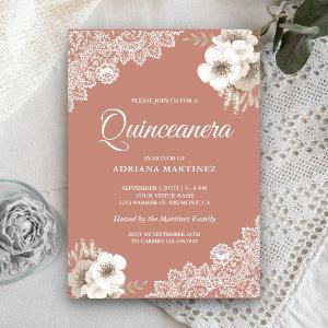 Rustic Country Dusty Peach Floral Lace Quinceanera