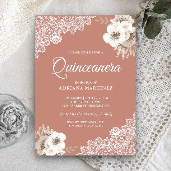 Rustic Country Dusty Peach Floral Lace Quinceanera