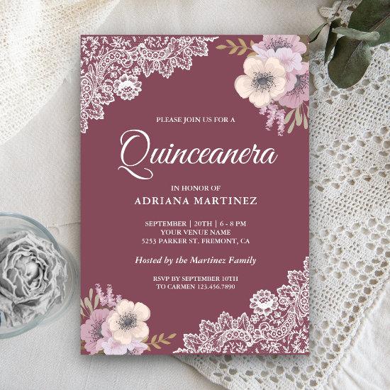 Rustic Country Dusty Pink Floral Lace Quinceanera