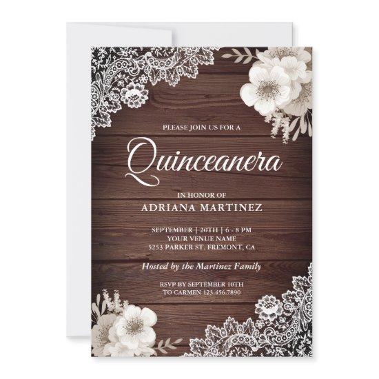 Rustic Country Wood Lace Ivory Floral Quinceanera