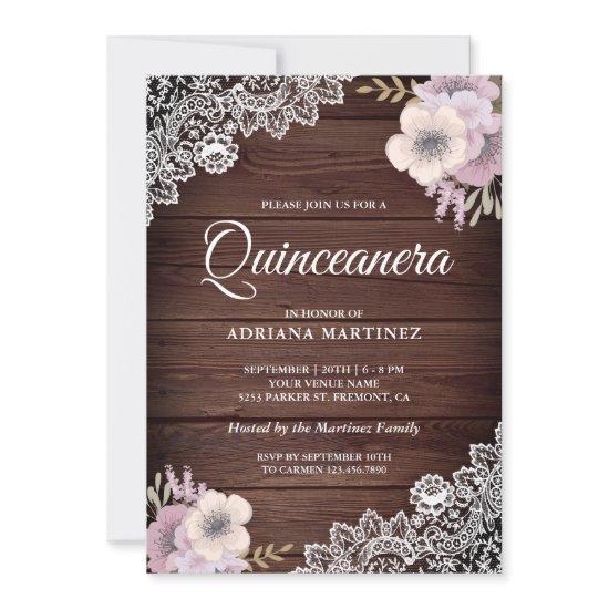 Rustic Country Wood Lace Pink Floral Quinceanera
