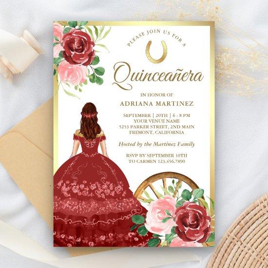 Rustic Floral Red Dress Charro Gold Quinceanera