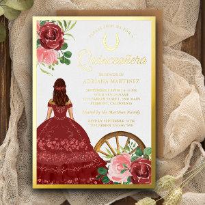 Rustic Floral Red Dress Charro Quinceanera Gold Foil