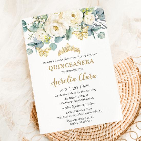 Rustic Ivory White Floral Eucalyptus Quinceañera