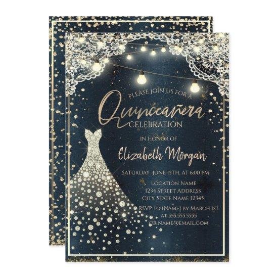 Rustic Lace,Lights,Diamonds Dress Blue Quinceañera