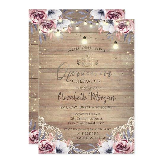 Rustic Lace,Tiara,Lights,Wood Roses Quinceañera