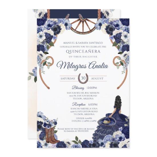 Rustic Navy Blue Flora Western Charro Quinceanera
