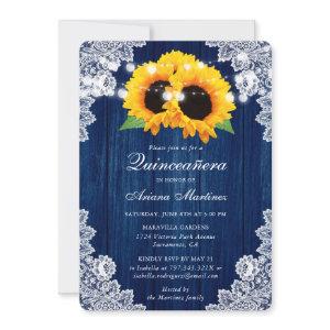 Rustic Navy Blue Sunflower Wood Lace Quinceañera