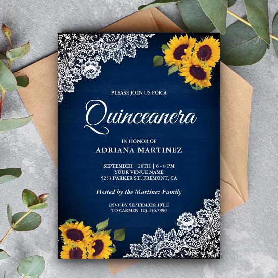 Rustic Navy Blue Wood Lace Sunflower Quinceanera