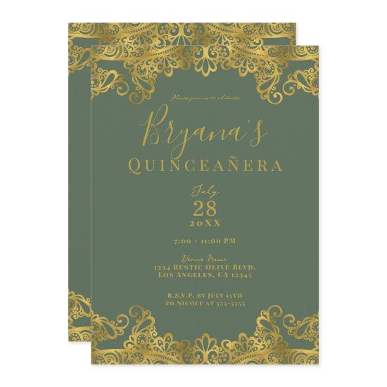 Rustic Olive & Gold Lace Elegant Quinceañera