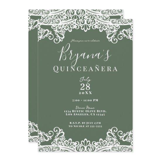 Rustic Olive & White Lace Elegant Quinceañera