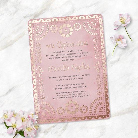 Rustic Papel Picado Pink Rose Gold Quinceañera  Foil