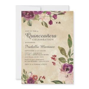 Rustic Pink Purple Watercolor Floral Quinceañera
