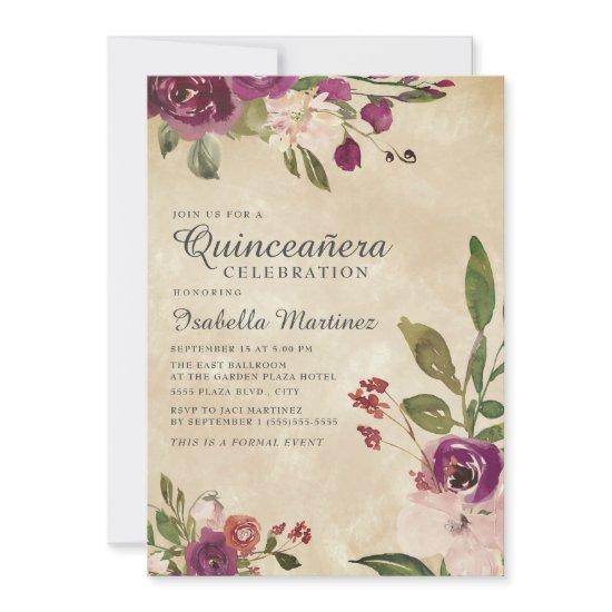 Rustic Pink Purple Watercolor Floral Quinceañera