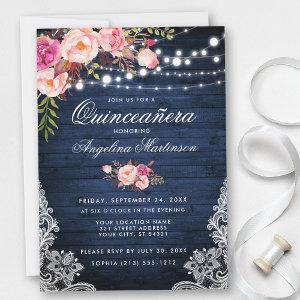 Rustic Quinceanera Blue Wood Lights Pink Floral