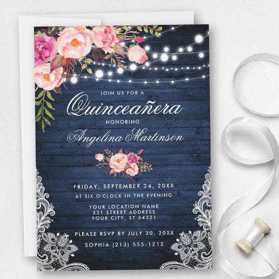 Rustic Quinceanera Blue Wood Lights Pink Floral