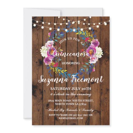 Rustic Quinceanera Party Wood Floral Wreath Invite
