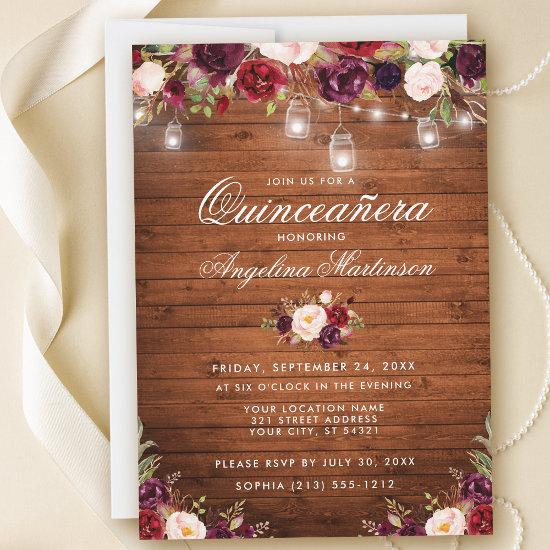 Rustic Quinceanera Wood Jar Lights Burgundy Floral