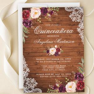 Rustic Quinceanera Wood Lace Burgundy Floral