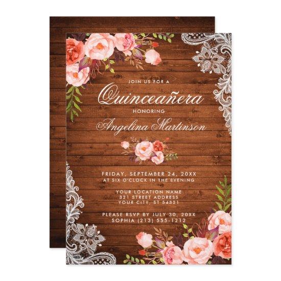 Rustic Quinceanera Wood Lace Coral Floral