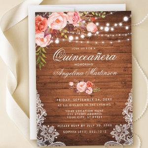 Rustic Quinceanera Wood Lights Lace Coral Floral