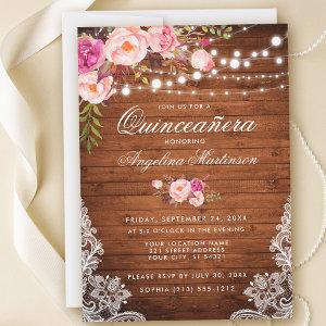 Rustic Quinceanera Wood Lights Lace Pink Floral