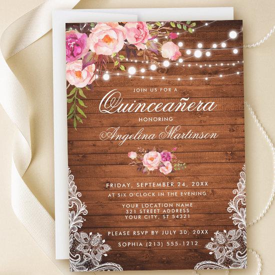 Rustic Quinceanera Wood Lights Lace Pink Floral