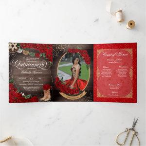 Rustic Red Rose Charro Country Western Quinceañera Tri-Fold
