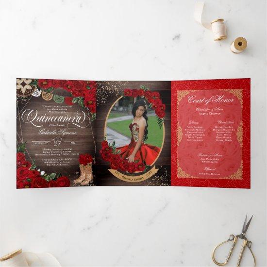 Rustic Red Rose Charro Country Western Quinceañera Tri-Fold