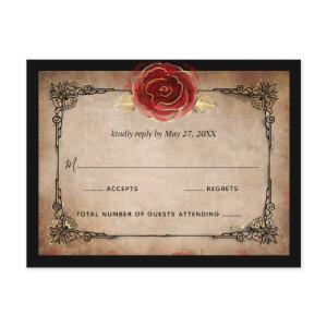 Rustic Red Rose Gold Black Elegant Wedding RSVP Postcard