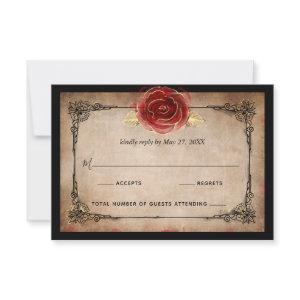 Rustic Red Rose Gold Black Vintage Elegant Wedding RSVP Card