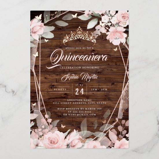 Rustic Rose Gold Floral Butterfly Quinceanera  Foil
