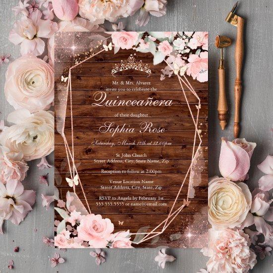 Rustic Rose Gold Pink Butterfly Floral Quinceanera Foil