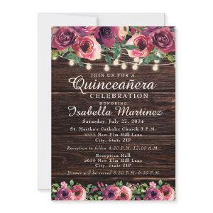 Rustic String Lights Burgundy Floral Quinceañera