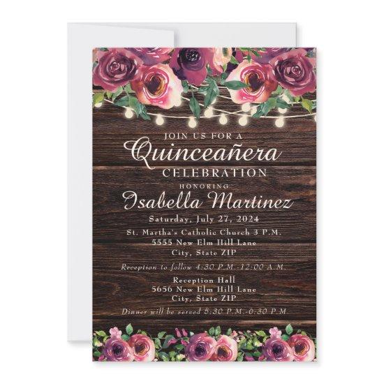 Rustic String Lights Burgundy Floral Quinceañera