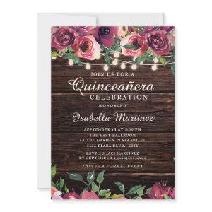 Rustic String Lights Burgundy Floral Quinceañera