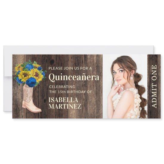 Rustic Sunflower Blue Rose Boot Quinceañera Ticket