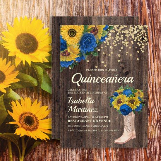 Rustic Sunflower Blue Roses Boots Quinceañera