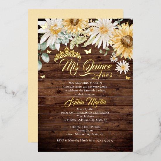 Rustic Sunflower Gold Butterfly Quinceanera Foil