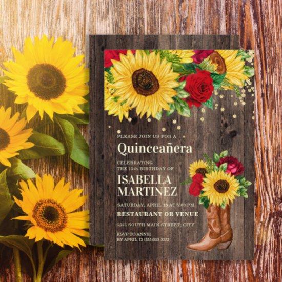 Rustic Sunflower Red Roses Boots Quinceañera
